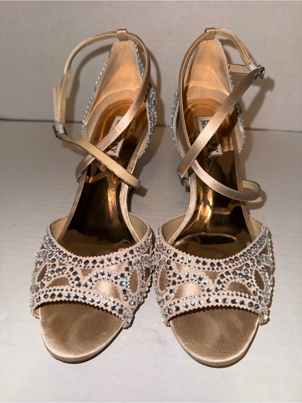 Badgley Mischka Champagne Crystal-Embellished Strappy Heels